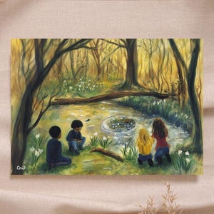 Waldorfkarte Kinder spielen Wald Wasser Schneeglöckchen - sofortiger Download druckbare Karte Poster hohe Qualität - Montessori Rudolf Steiner