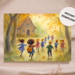 Op de afbeelding: Waterverfillustratie van kinderen die naar een huis in een herfstbos rennen. De scène is gevuld met warme kleuren, vallende bladeren en de tekst "INSTANT DOWNLOAD" in een witte cirkel.