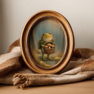 Op de afbeelding: Een ovaalvormige goudkleurige lijst met een illustratie van een groene kikker in de regen. De kikker draagt een kraag van bladeren en houdt een gevlochten mandje vast met drie paddenstoelen met bruine hoeden in een bosrijke omgeving.