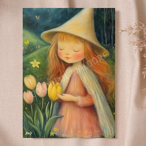 Süßes Wichtelmädchen Tulpen-Frühlingswichtel Klassenzimmer Waldorfkarte Poster Jahrestabelle inklusive druckbar hochwertig Montessori Rudolf Steiner