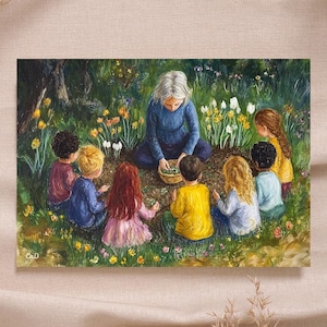 Bulbos de flores de primavera Flores Crianças Primavera Cartão postal Waldorf Imprimível Arte sazonal Ano Mesa Alta qualidade Montessori Rudolf Steiner