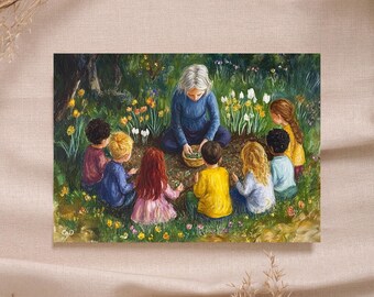 Spring Flower Bulbs Flower Children Spring Waldorf Postcard Printable Seasonal Art Year Table High Quality Montessori Rudolf Steiner