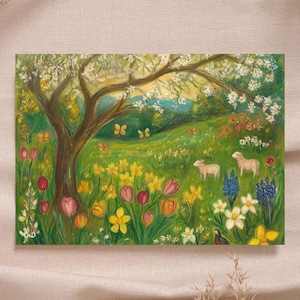 Waldorf kaart lente landschap tulp narcis bloesem - instant download printable kaart poster hoge kwaliteit - Montessori Rudolf Steiner