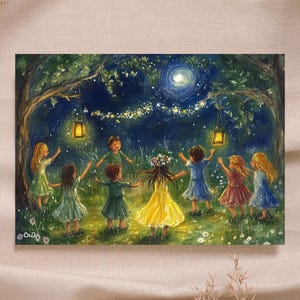 Waldorf Poster Midzomernacht Lente Bos Pastel Olie PNG Downloadbare seizoenskunst voor jaartafel hoge kwaliteit Montessori Rudolf Steiner