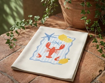 Lobster & Lemons Cotton Tea Towel | Coastal Nautical Kitchen Towel