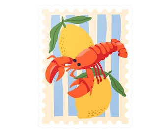 Lobster and Lemons Sticker Vinyl Kiss-Cut Sticker | Coastal fruit illustration