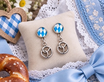 Bavarian earrings with pretzels, blue and white dirndl earrings, Oktoberfest jewelry, traditional jewelry for women, Oktoberfest gift
