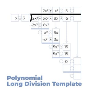 May include: A light blue and white template for polynomial long division. The template includes mathematical expressions and the text "Polynomial Long Division Template".