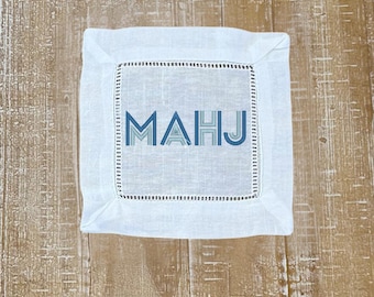 Embroidered Mahjong Linen Cocktail Napkins - Set of 4