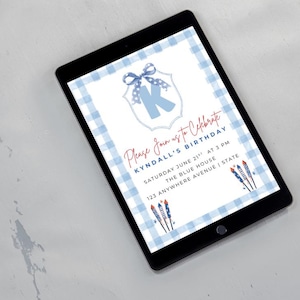 Patriotic Birthday Invitation: Red, White & Blue Gingham (Digital Download, Canva Template)