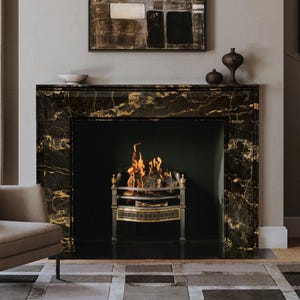 Custom black and gold Marble Fireplace Mantel, Hand Carved Marble Fireplace Surround, Custom Order Marble Fireplace Mantel