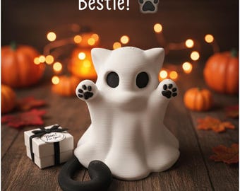3D Printed Ghost Cat Figurine: Spooky Halloween Decor