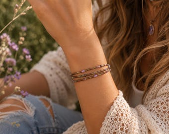 Boho Wrap Bracelet Necklace Anklet | Triple Wrap Seed Bead Bracelet | Miyuki & Czech Beads | Bronze Green Lavender Jewelry