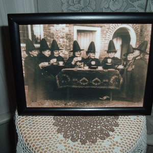 Coven of  Witches At Tea Framed Picture Shelf Sitter Halloween Gatherings