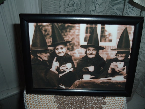 4 Witches at Tea Framed Picture Shelf Sitter Halloween Gatherings 