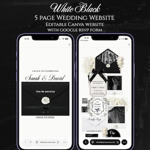Può includere: Due smartphone mostrano un design di sito web di matrimonio in bianco e nero. Il testo recita "White Black, 5 PAGE WEDDING WEBSITE, EDITABLE CANVA WEBSITE, WITH GOOGLE RSVP FORM." Il sito web presenta un invito con i nomi "Sarah & David."