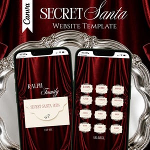 May include: Two smartphones display a Secret Santa website template against a background of deep red curtains and a silver ornate mirror. The screens show the text Ralph Family, Secret Santa 2026, and a grid of names on envelope icons.