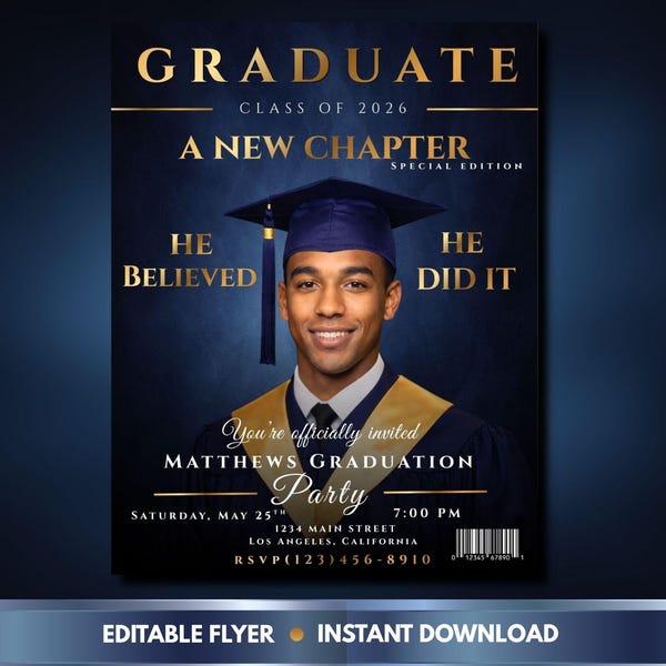 Male Graduation Invitation 2026, Blue Gold Magazine Style, Editable Canva Template (Digital Download)