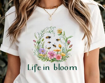 Floral Bee T-Shirt Wildflower Graphic Tee Nature Lover Gift Garden Shirt Pollinator Present Summer Apparel