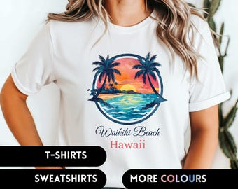 Waikiki Beach Hawaiian Sunset T-Shirt Vintage Hawaii Sweatshirt Aloha Tropical Vacation Shirt Honolulu Surfing Gift Present Souvenir Tee