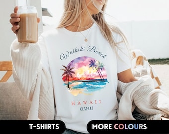 Waikiki Beach Hawaiian Shirt Hawaii Oahu Sunset Tee Tropical Palm Tree Surfer Beach Lover Present Vacation Trip Souvenir Apparel