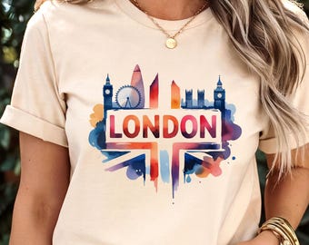 London UK City Skyline T-Shirt Big Ben Union Jack Souvenir Tee Shirt for England Trip Present European Vacation Apparel