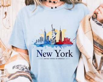New York City Skyline T-Shirt Statue of Liberty Watercolor Tee NYC Souvenir Gift Trip Present United States Travel Apparel City Lover Shirt