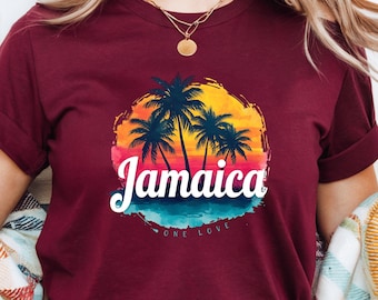 Jamaica T-Shirt Sunset Palm Tree Graphic Tee Tropical Vacation Shirt Caribbean Souvenir Gift