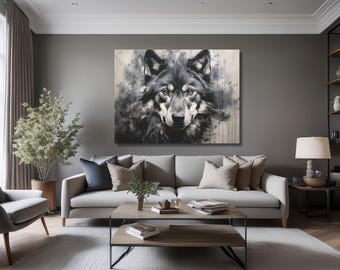 Black and White Wolf Portrait Canvas Print Moody Animal Wall Art Large Living Room Decor Rustic Cabin Lodge Poster Gift Wildlife Painting