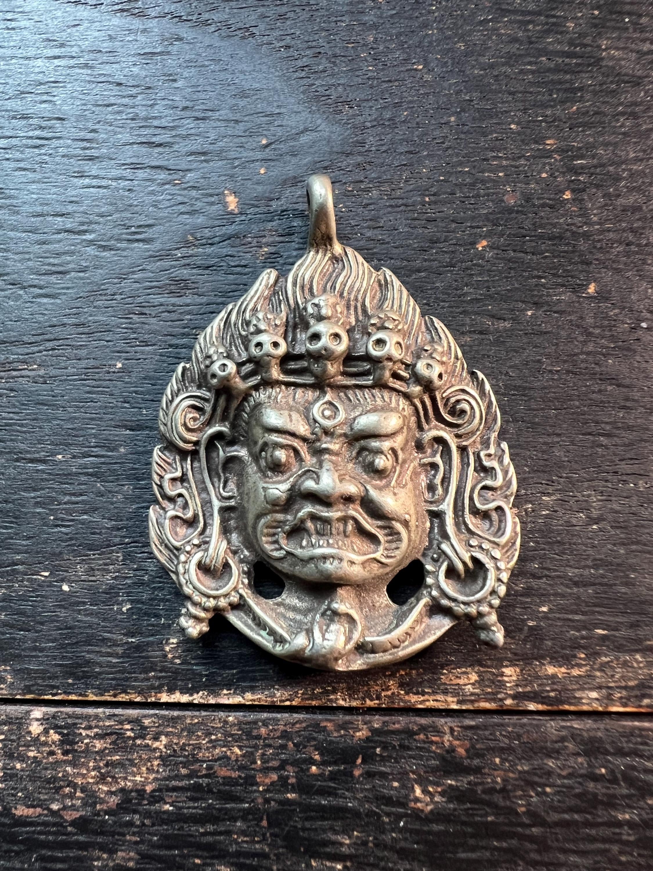 Old Tibetan Brass Mahakala Pendant | Wrathful Deity Buddha Head