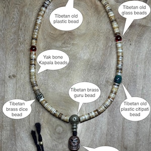 Tibetan 108 Yak Bone Mala with Brass Kapala Citipati Beads | Vintage Glass & Plastic Inlays | Handmade Adjustable Prayer Beads