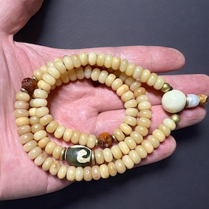Handmade Yak Bone Mala: Adjustable Tibetan Prayer Beads with Dzi Bead
