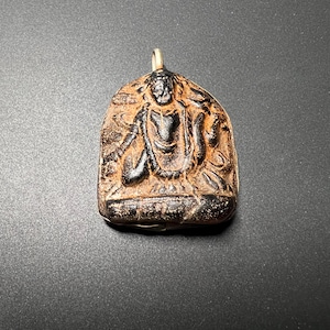 Handmade Vintage Buddhist Glass Tsa Tsa Pendant from Nepal – Tribal Religious Amulet – Glass with Metal Mount – Rare Himalayan Ritual Art