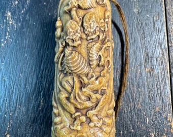 Hand Carved Hollow Yak Bone Citipati Pendant – Tibetan Style Skull Guardian Amulet, Dancing Skeleton Relief, Hollow Bone Container
