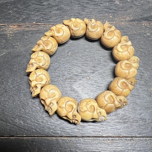 Stretch Yak Bone Skull Mala Bracelet | 14 Beads Tibetan Charnel Ground Prayer Bracelet | Hand-Carved Buddhist Impermanence Jewelry