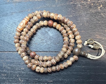 Handcrafted Yak Bone Mala –108 Beads, Six-Syllable Mantra Carved, Dzi Bead, Brass Guru Bead, Tibetan Buddhist Prayer Necklace, 9mm 28”(H1004