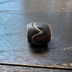 Tibetan Black Glass Barrel Bead with Iron Wave Inlay | Handmade Nepal Ethnic Spacer, Tribal Mala Jewelry Supply