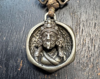 Vintage White Copper Mahakala Pendant – Wrathful Deity Protector | Past Life Karma | Leather Cord Buddhist Amulet Necklace