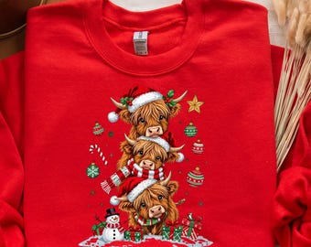Christmas Cow Sweatshirt, Highland Cow tShirt, Women Cow Christmas Long sleeve, Cow Lover Gift, Farm Christmas Hoodie Gift, Christmas Shirt