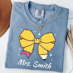 Personalized Back to School Teacher T- Shirt, Retro Teacher Coquette Pencil Bow Tee, First Day of School Teacher Gift, Teacher Matching Tees