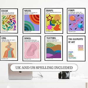 Puede incluir: Una colección de ocho láminas enmarcadas, cada una con un elemento diferente del arte, como el color, el valor, la forma y la forma. Las láminas tienen diseños abstractos coloridos y texto. Un portátil y una cámara están en primer plano.