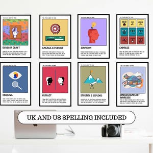 May include: A set of eight framed art prints with colorful illustrations and text. Each print features a different concept, such as "Develop Craft" and "Engage & Persist." The prints are displayed on a white wall.