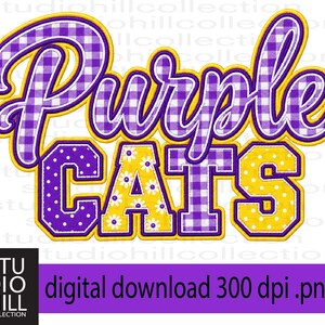 Op de afbeelding: Een digitaal grafisch ontwerp met de tekst Purple CATS. Het woord Purple is in een cursief lettertype met een paars-wit ruitpatroon en gele omlijning. Het woord CATS is in een bloklettertype met paarse en gele stippen en madeliefjes.