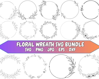Paquete SVG de corona floral, paquete PNG de coronas de boda, corona floral SVG, monograma de corona EPS, marco circular, marco floral de boda, diseño vectorial