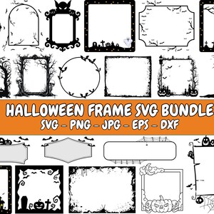 Könnte beinhalten: Eine Sammlung von schwarz-weißen Halloween-Rahmen in verschiedenen Formen, darunter ovale, rechteckige und kreisförmige Designs. Die Rahmen zeigen gruselige Elemente wie Fledermäuse, Bäume, Kürbisse und Grabsteine. Text auf einem orangefarbenen Banner: "HALLOWEEN FRAME SVG BUNDLE".