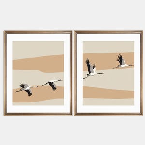 Conjunto de arte mural imprimible de bandada de pájaros / Grullas en tonos neutros terrosos / Decoración natural moderna, impresiones minimalistas de aves, arte digital descargable