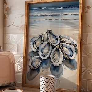 Sztuka ścienna Oyster, sztuka życia nadmorskiego, wystrój domu na plaży w stylu marynistycznym, wydruk kuchenny inspirowany oceanem, modny prezent dla miłośnika ostryg, sztuka życia morskiego
