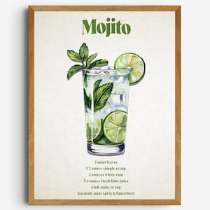 Mojito Wall Decor, Digital Download Cocktail Wall Art, Stylish Kitchen Print, Minimalist Elegant Recipe Poster