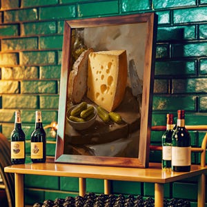 Ser Emmental i Ogórki Malarstwo Olejne Francuski Styl Życia Plakat Wydruk | Maksymalizacja Inspirowana Sztuka Ścienna Bar Wózek Kuchnia Mieszkanie Dekoracja