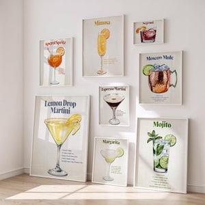Zestaw galerii przepisów na koktajle, cyfrowe pobieranie sztuki ściennej koktajlowej, stylowy wydruk kuchenny, minimalistyczny elegancki plakat z przepisami, cytrynowy Martini